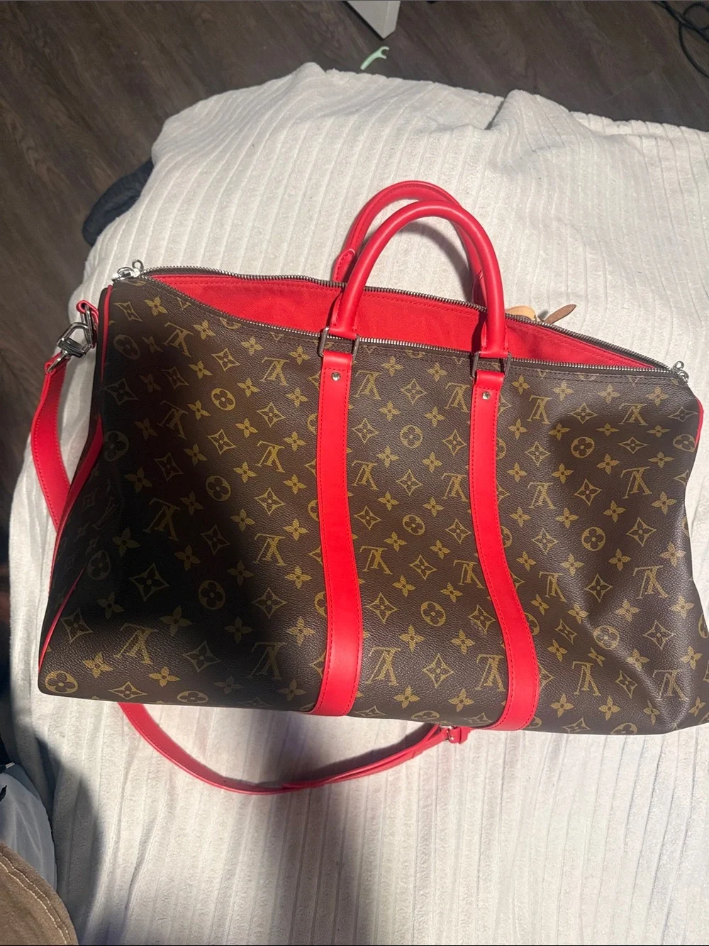 Louis Vuitton Monogram Duffel with Bright Red Trim